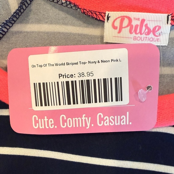 On Top Of The World Striped Top- Navy‎ & Neon Pink - Picture 4 of 6